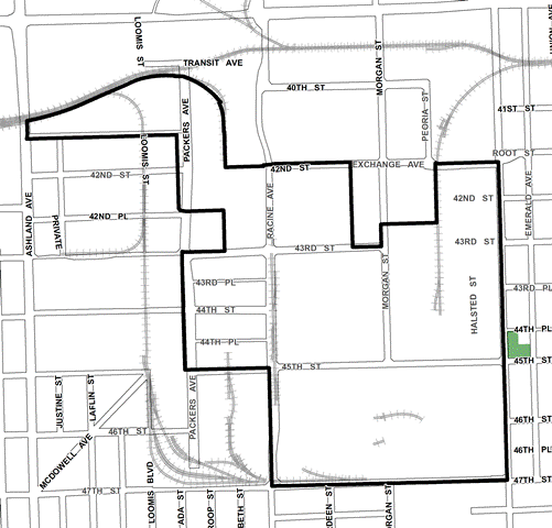 Stockyard Southeast Quadrant TIF district, roughly bounded on the north by Exchange Avenue, 47th Street on the south, Halsted Street on the east, and Packers Avenue on the west.